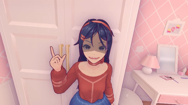 Anime girl shows off her fangs in a pink room 